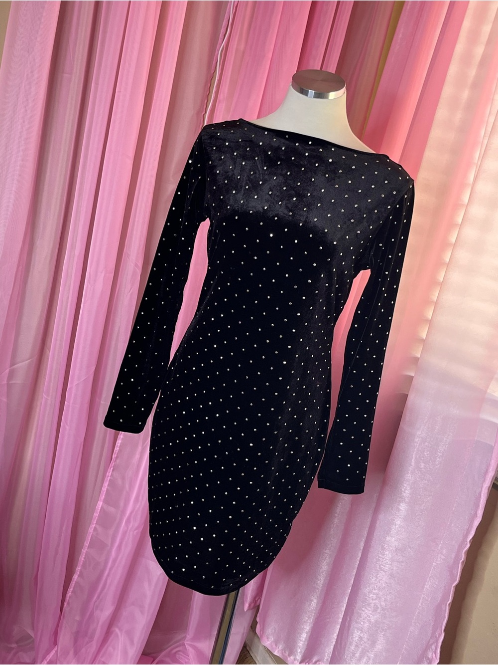 H&M Black Velvet Long-Sleeve Rhinestone Bodycon Dress